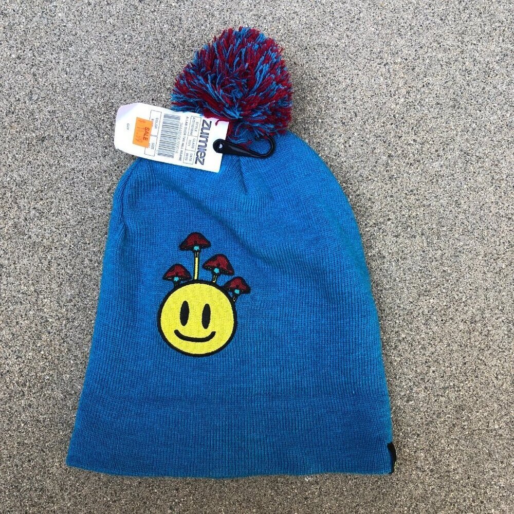 ALAB Pom Beanie Happy Face Mushrooms Hat Cap Blue Ribbed Winter Brand New​​